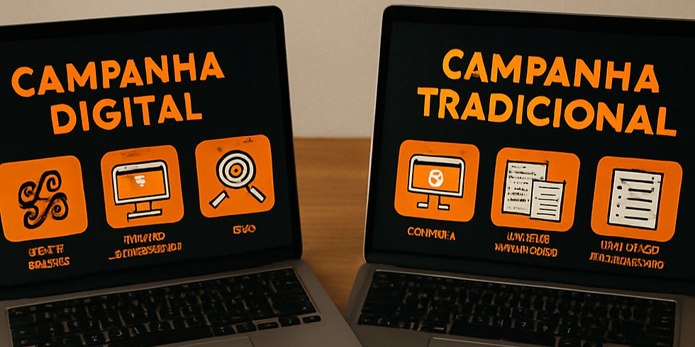 Dois notebooks comparando campanha digital e campanha tradicional com ícones e caderno com análise.