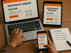 Pessoa testando site responsivo em notebook, tablet e celular com anotações de UX.