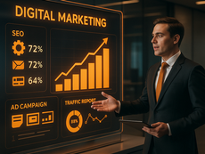 Profissional explicando autoridade no marketing digital com gráficos de SEO.