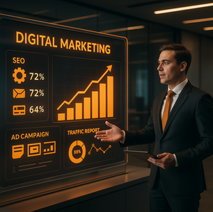 Profissional explicando autoridade no marketing digital com gráficos de SEO.