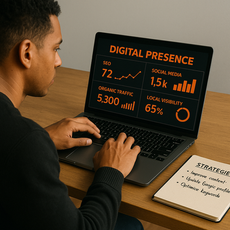 Homem analisando painel de presença digital com métricas de SEO, tráfego e redes sociais.