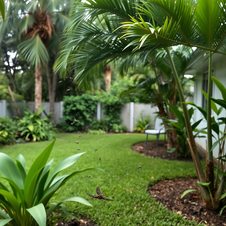 A nice south florida home backyard, with greenery and pam trees and a swarm of mosquitoes.