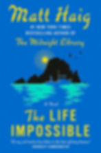 Cover of the The Life Impossible, a dark rock island on a blue background with yellow writing