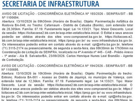 Licitações são publicadas para pavimentação de rodovias e acessos nas regiões do Baixo Sul, Irecê e Bacia do Rio Grande
