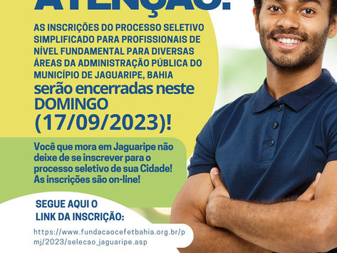 JAGUARIPE: Prefeitura Municipal oferece 21 vagas REDA - Inscrições até domingo (17/09)