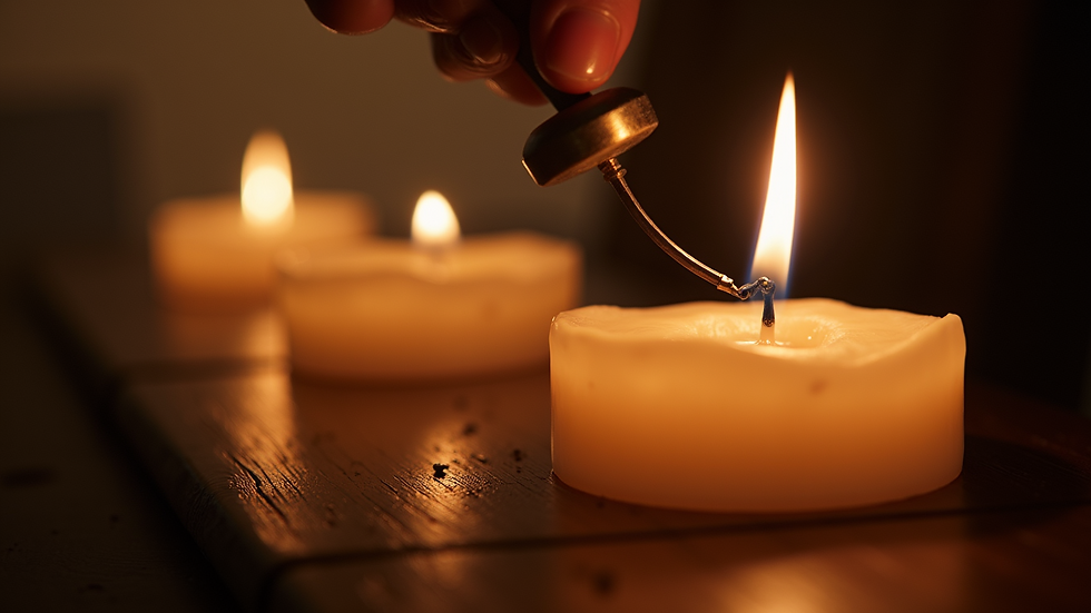 Close-up view of a candle flame being extinguished with a snuffer