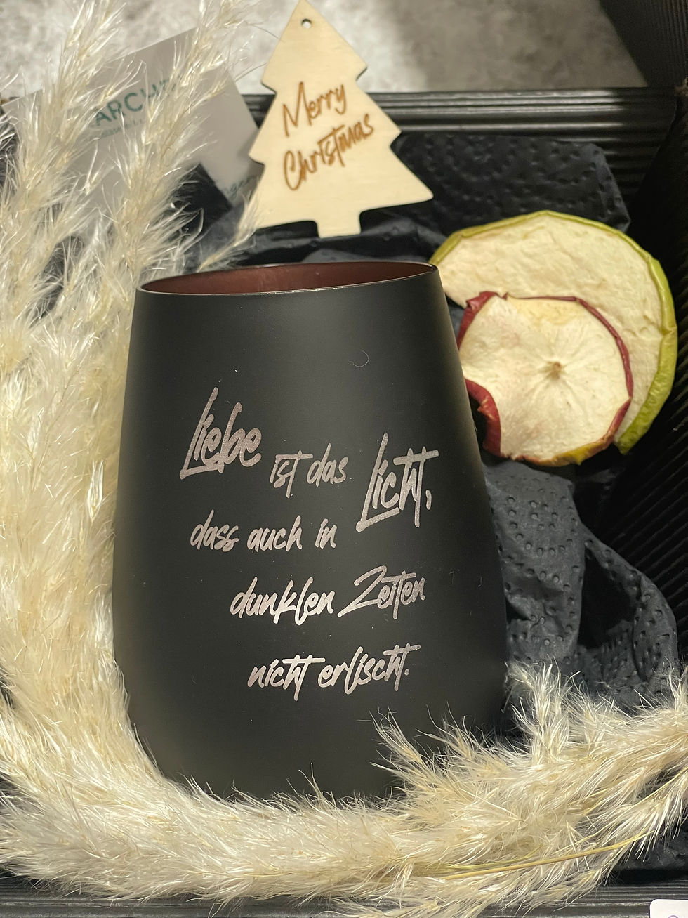 Graviertes schwarzes Windlicht mit Spruch