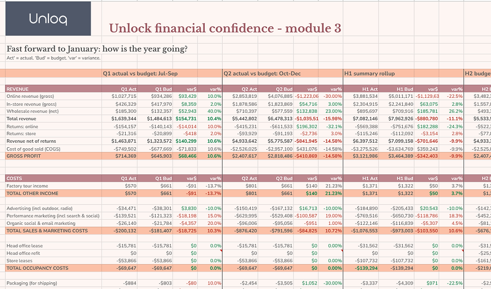 Image of a panel from the course materials. Complex spreadsheet with many rows and columns of numbers. Type is too small to see. Image illustrates how far students will go in being able to interpret complex financials.