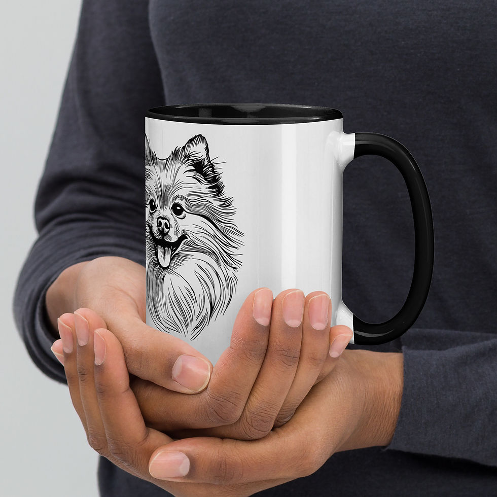 Thumbnail: Coffee Mug in the hands of a man - Fueled by coffee & puppy cuddles with a picture of a spitz