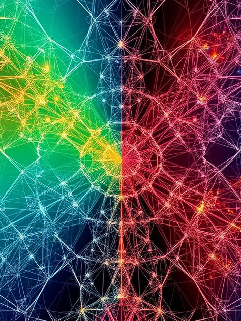 olorful neural network design with vibrant green, blue, red, and orange nodes interconnected on a dark background, creating a web-like pattern.