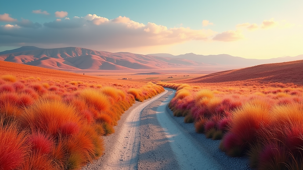 Wide angle view of a vibrant landscape with a winding path leading into the distance