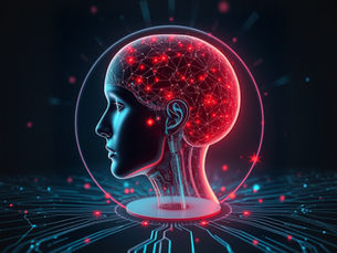 Futuristic illustration of a human head with a glowing neural network brain. The background has circuit-like patterns, emitting a tech vibe.