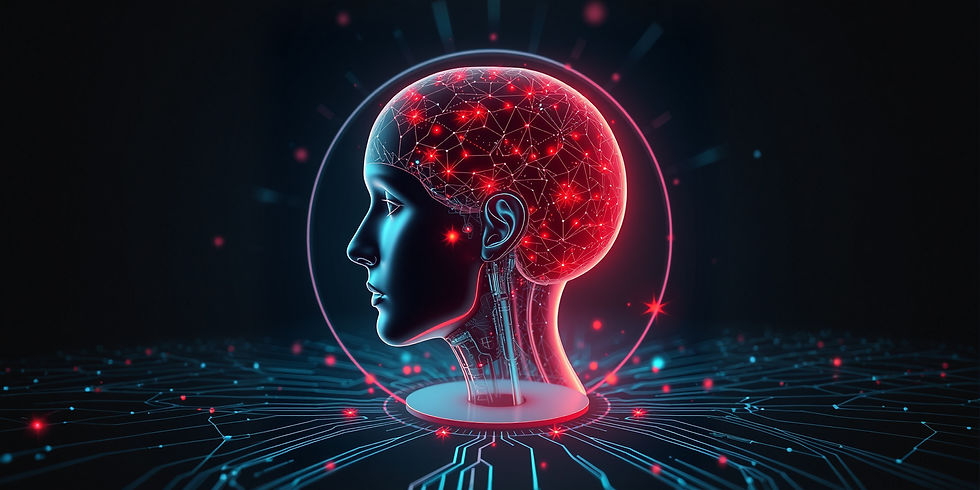 Futuristic illustration of a human head with a glowing neural network brain. The background has circuit-like patterns, emitting a tech vibe.