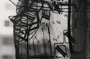 Closeup photo of embroidered mesh in front of a window