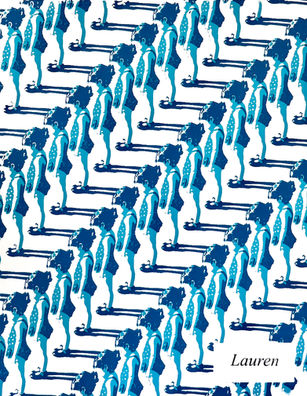 Blue screen printed pattern made up of a tiled image of a young girl's side profile