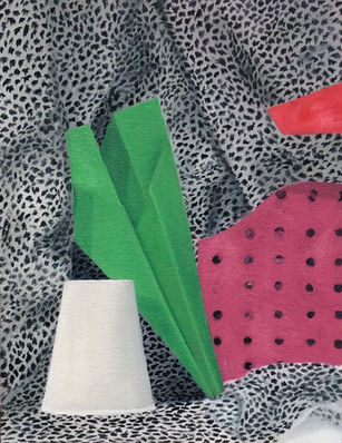 Still-life painting of a green paper airplane and a white cup in front of leopard-print fabric