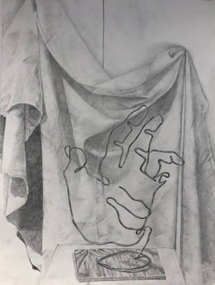 Pencil drawing of a wire hand in front of draped fabric