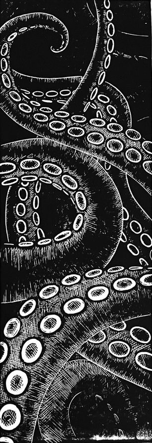 Black and white linocut print of tentacles