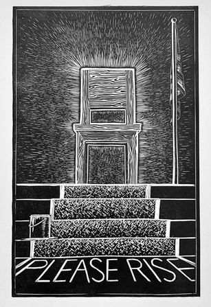 Black and white linocut print of a wooden chair and American flag at the top of stairs