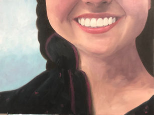 Painting of a girl’s lower face and and shoulders, showing her bright white smile