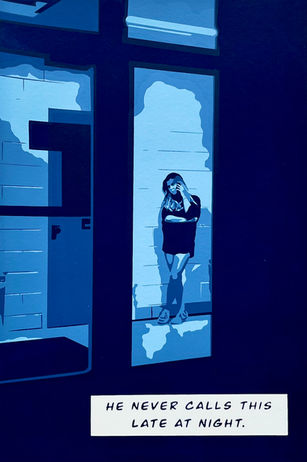 Blue monochromatic screen print of a girl on the phone at night