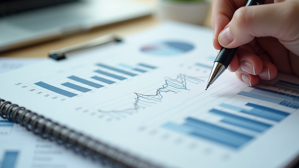 Close-up view of a financial planning notebook with graphs and charts