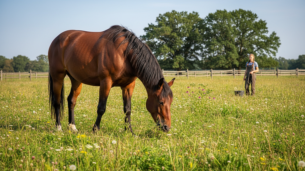 Eye-level view of a horse grazing in a natural pasture