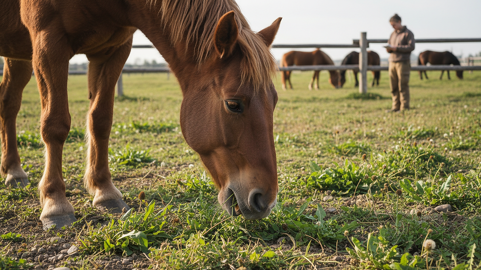 Vue rapprochée d’un cheval au pâturage avec un focus sur sa santé naturelle