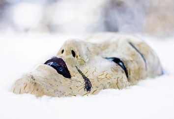 Eine Maske im Schnee, da. Gesicht nach oben zum Himmel gerichtet. Aus der Bildperspektive wirkt sie beinahe traurig. Die weiß-gelbliche Farbe ist brüchig, die Lippen, Nasenlöcher, Augen und Augenbrauen heben ich durch ihre schwarze Bemalung hevor. Ein schwarzer Strich neben dem Mund könnte einen Bart andeuten.
