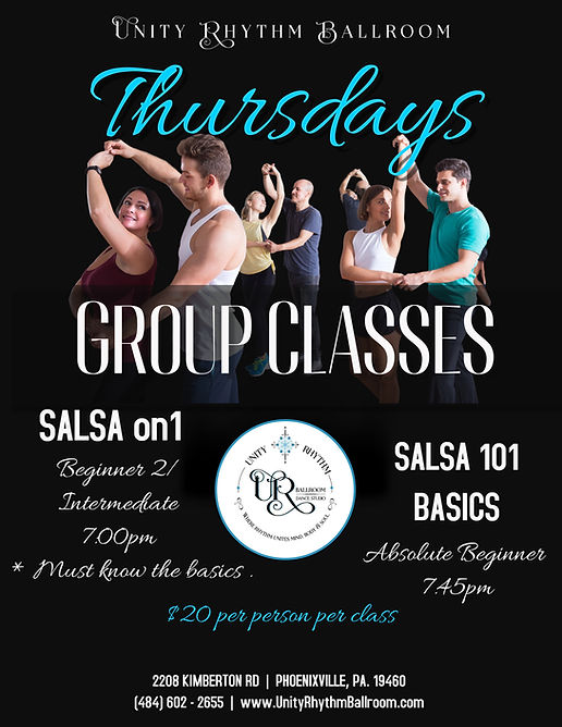 Join us for Thursday Nights Street style Latin Group Classes. Beg 2/Intermediate Salsa on1 at 7pm & Salsa 101 Beginner at 7:45pm 2208 Kimberton Rd, Phoenixville, Pa. 19460