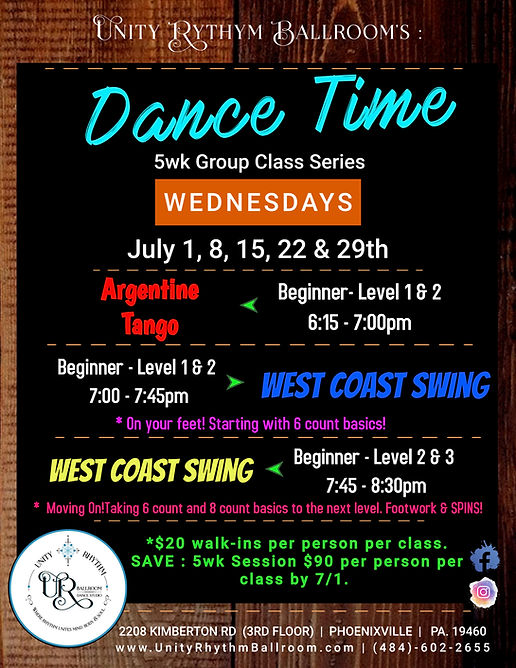 Wednesdays 5wk Sessions. Beg 1&2 6:15pm - Argentine Tango, 7pm - Beginner 1&2 - WEST COAST SWING, 7:45pm - Beginner 2&3 - WEST COAST SWING. Unity Rhythm Ballroom 2208 Kimberton Rd, Phoenixville, Pa. 19460