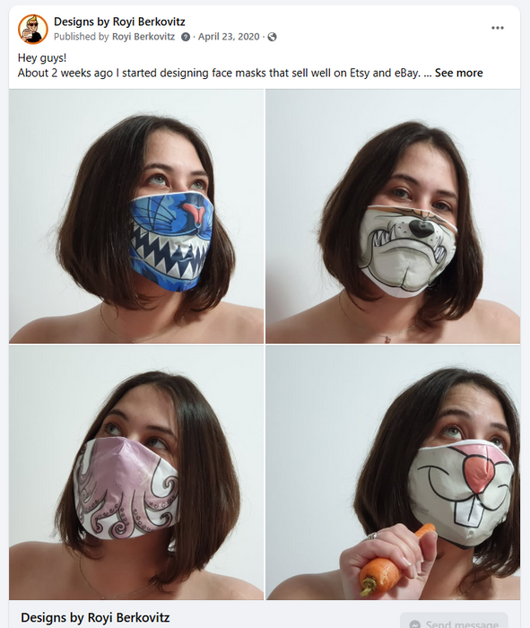 Screenshot of a social media post featuring custom-designed face masks.