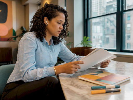 Marketing manager reviewing advocacy playbook in office