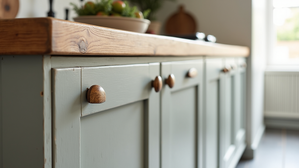 Close-up of rustic kitchen cabinet with vintage handles and timber finish