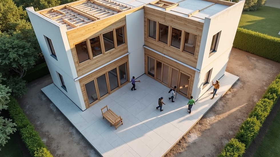 High angle view of a renovation site with builders working on a house exterior