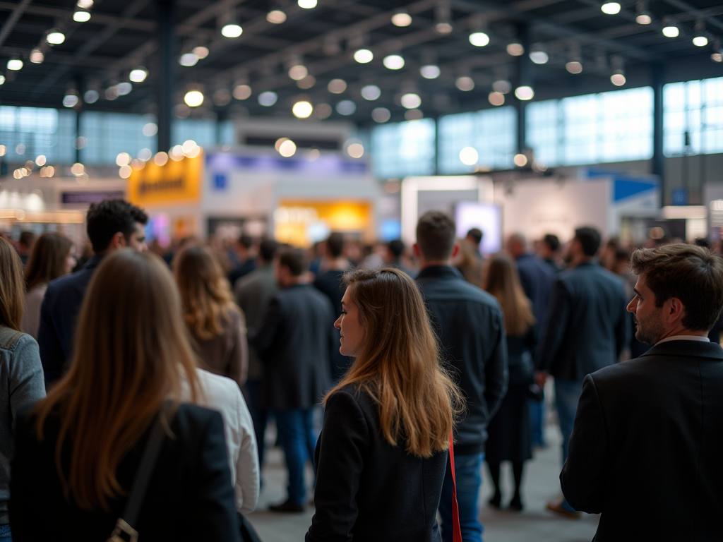 The image shows a business vendor booth at a busy event with marketing displays and a crowd.