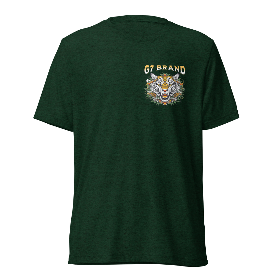 Small tiger head with floral design and ‘G7 Brand’ text on the front of a Divine Strength Christian T-Shirt.