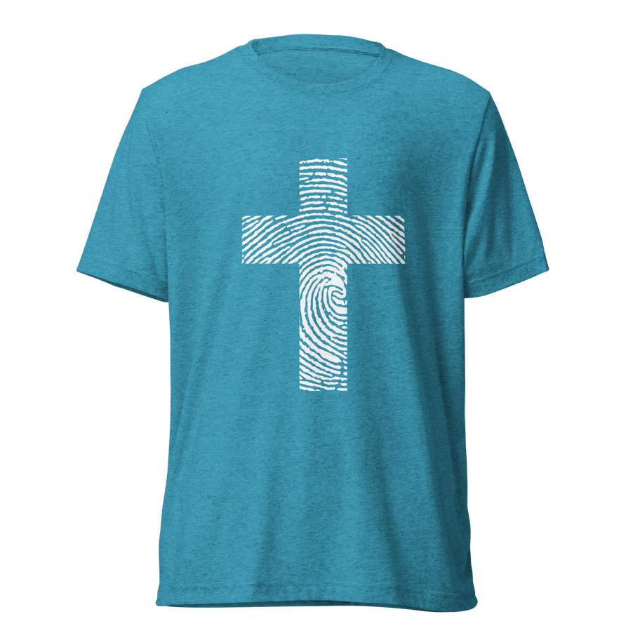 G7 Fingerprint Cross T-Shirt featuring a bold cross made of fingerprint patterns, symbolizing identity in Christ.