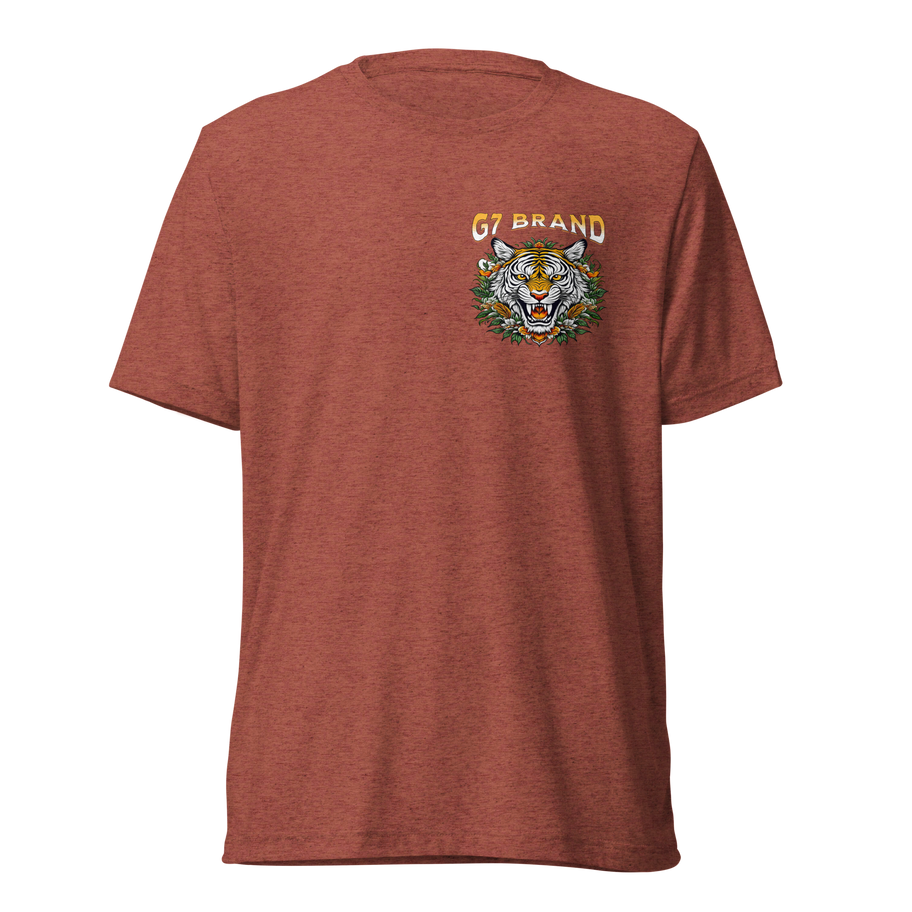 Small tiger head with floral design and ‘G7 Brand’ text on the front of a Divine Strength Christian T-Shirt.