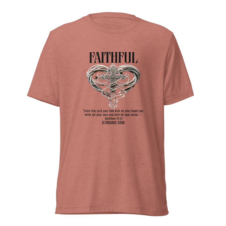 G7 Faithful Heart Cross T-Shirt featuring Matthew 22:37 scripture with a heart-cross design, symbolizing love and devotion to