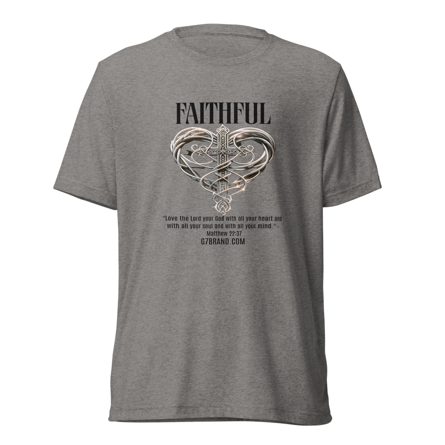 G7 Faithful Heart Cross T-Shirt featuring Matthew 22:37 scripture with a heart-cross design, symbolizing love and devotion to