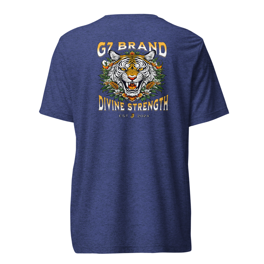 Large roaring tiger with intricate floral details and ‘Divine Strength’ text on the back of a G7 Christian graphic T-shirt.