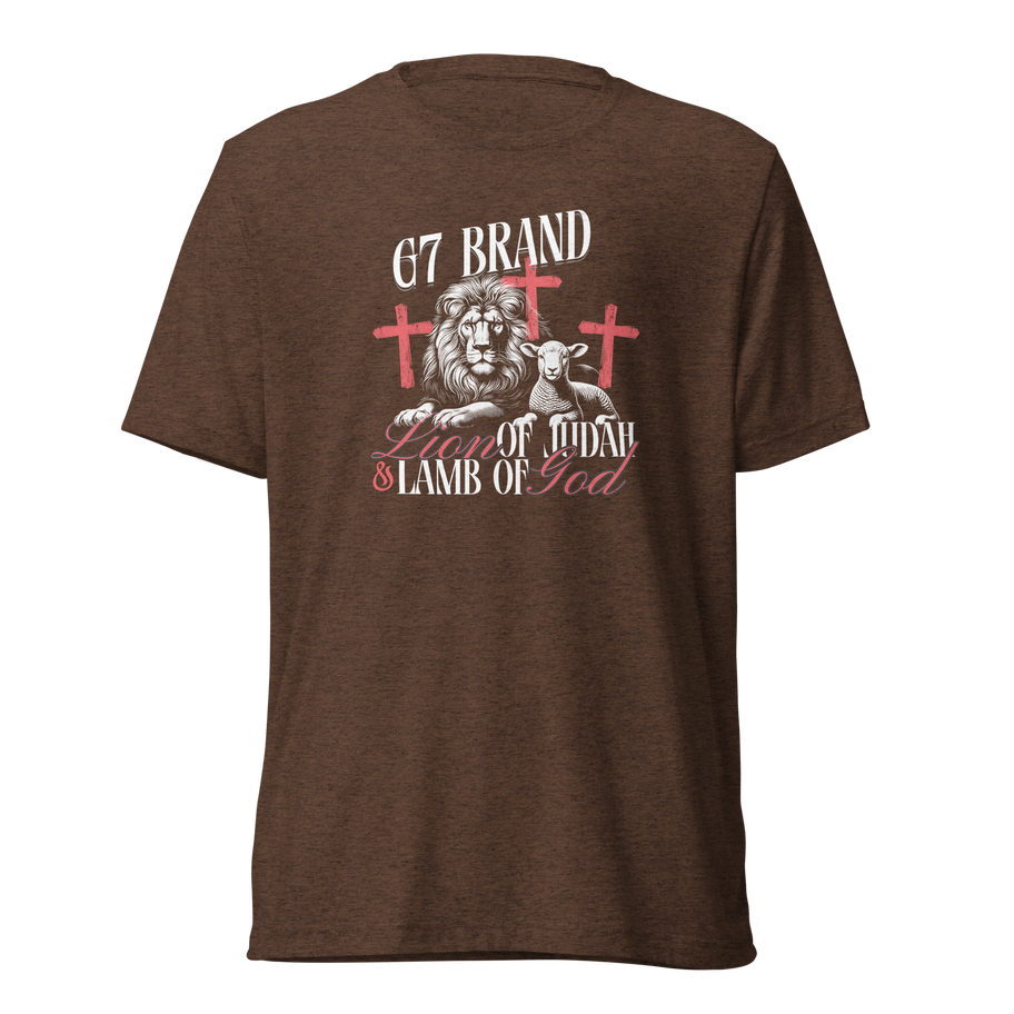 Lion of Judah & Lamb of God Christian T-Shirt featuring a bold faith-based design with a lion, lamb, and crosses.