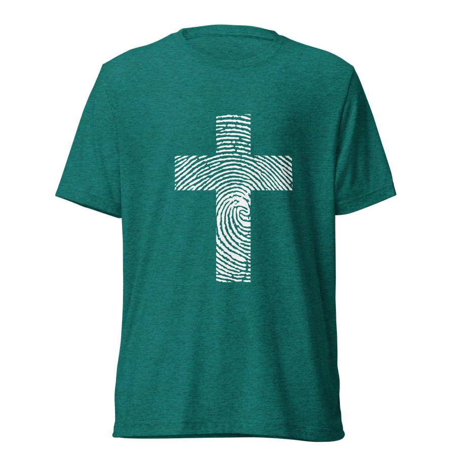 G7 Fingerprint Cross T-Shirt featuring a bold cross made of fingerprint patterns, symbolizing identity in Christ.