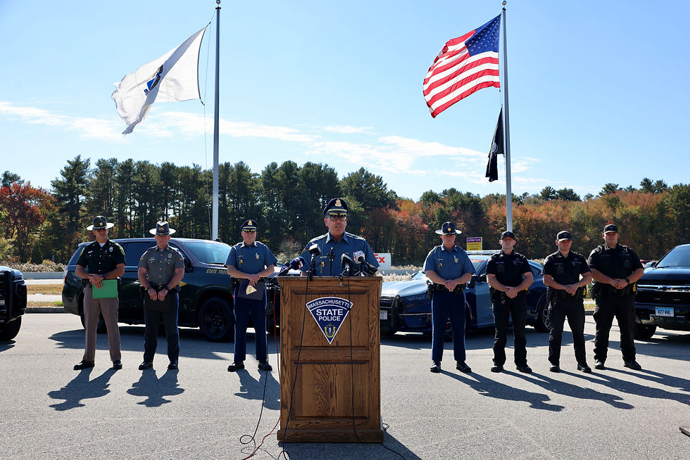 Massachusetts State Police Lt. Col. Brendhan Shugrue announces “Operation Wicked Safe” alongside law enforcement partners from New Hampshire and Connecticut at the MSP Weston Barracks.