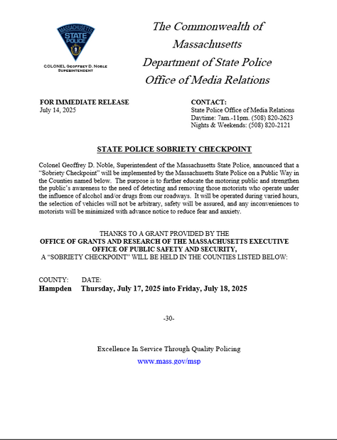 Hampden County Sobriety Checkpoint