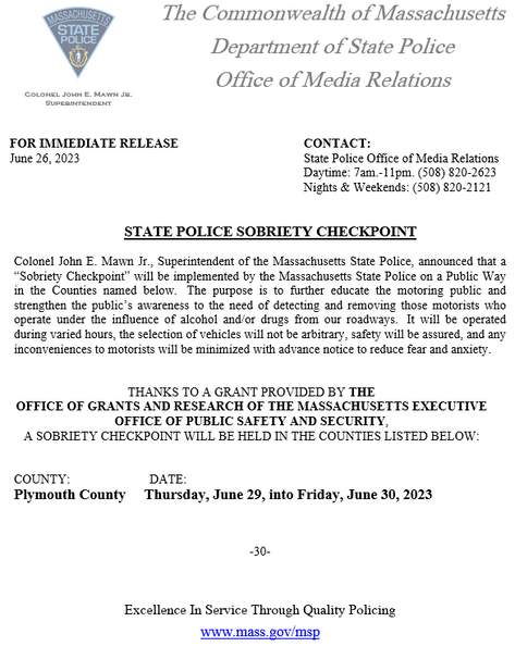 Plymouth County Sobriety Checkpoint