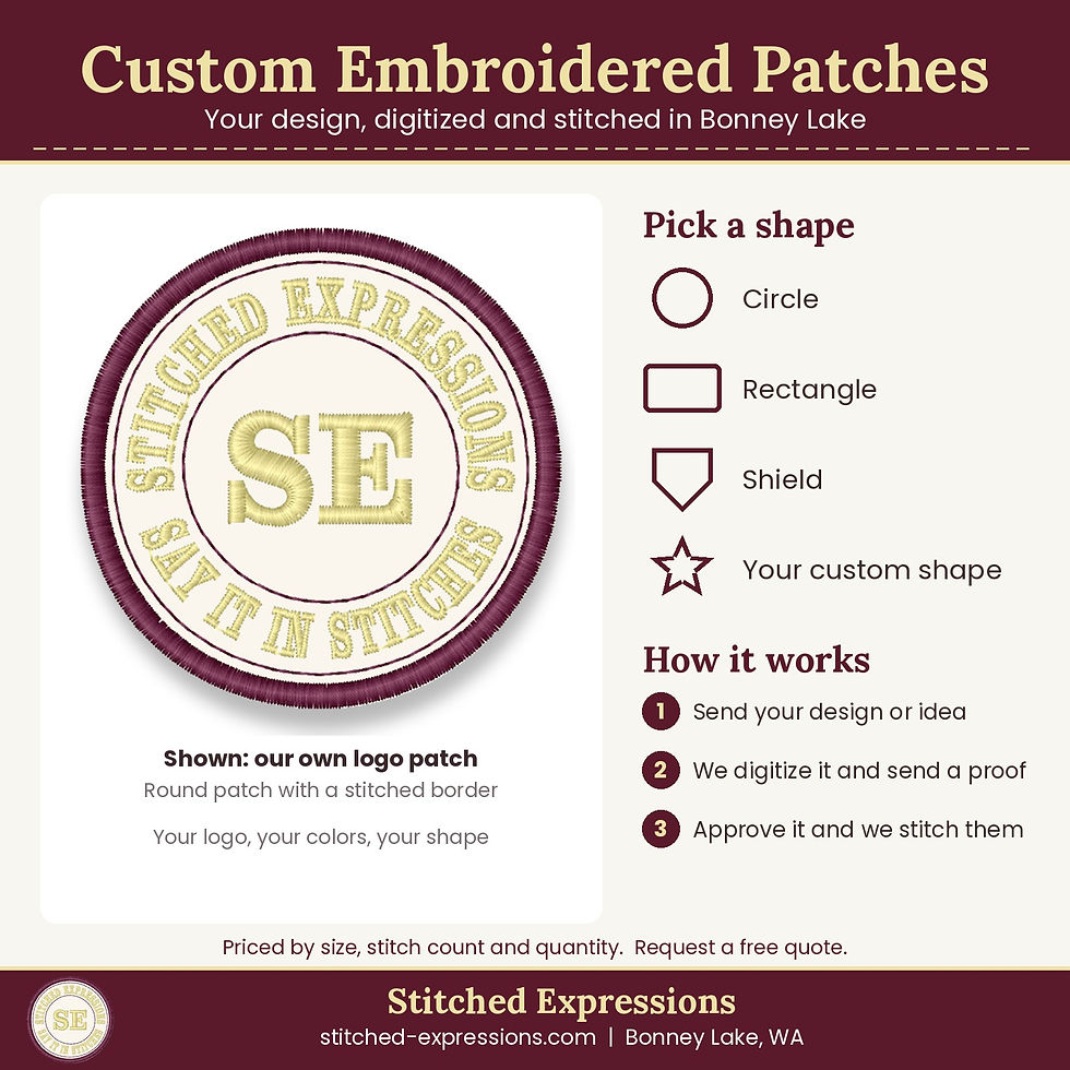 Custom embroidered patch example, Stitched Expressions logo patch