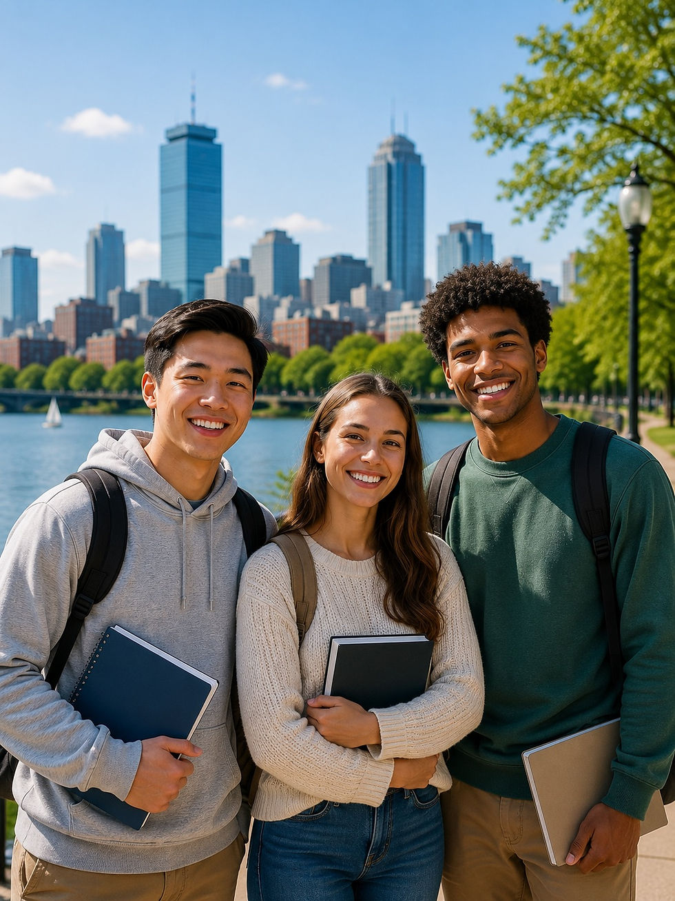 Diverse college students smiling near the Boston skyline, representing students attending universities in the Greater Boston area.