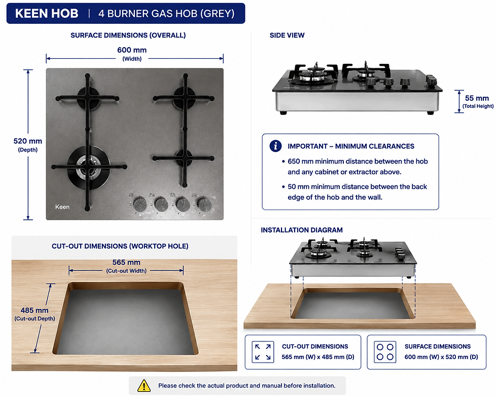 Thumbnail: Keen 60cm Hob Gas 4 Burners Silver GU04460S